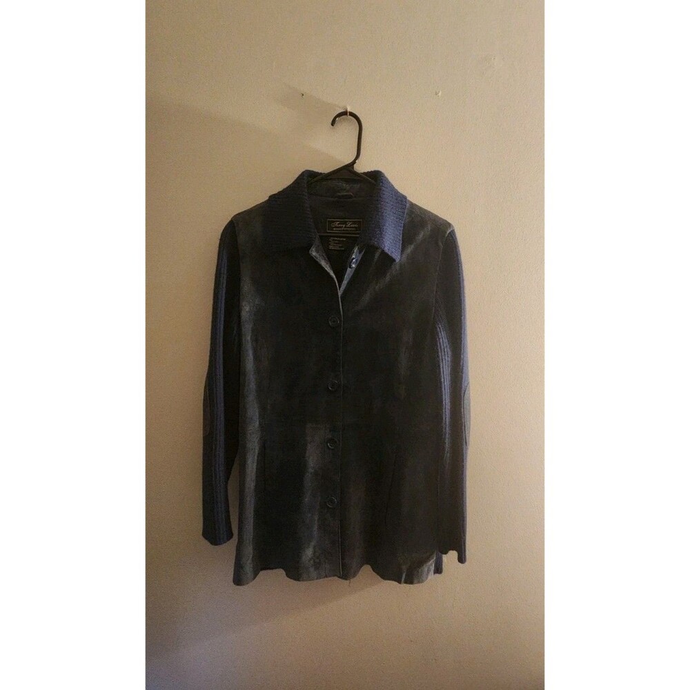 Vintage Terry Lewis Classic Shirt Jacket Womens M Suede Leather & Wool Y2K Blue - Picture 2 of 8